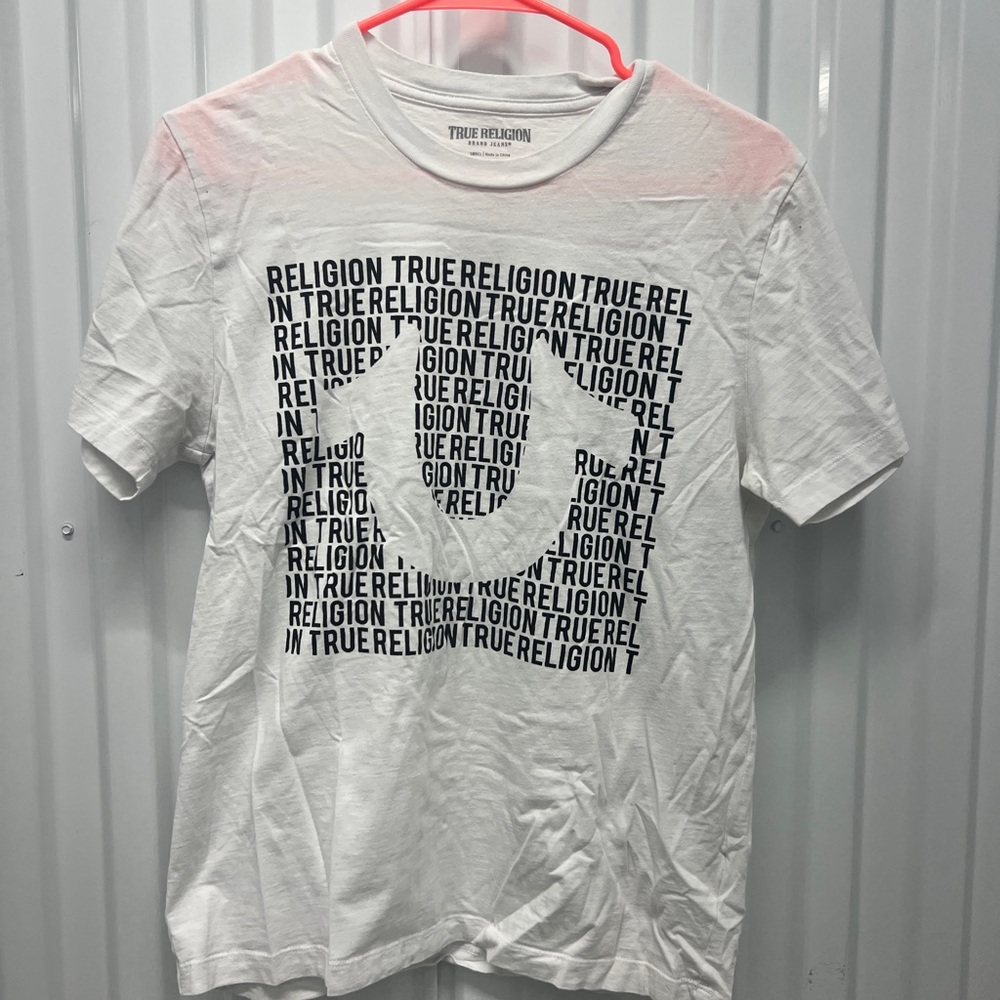 True Religion White Short Sleeve Graphic Tee with Text Design